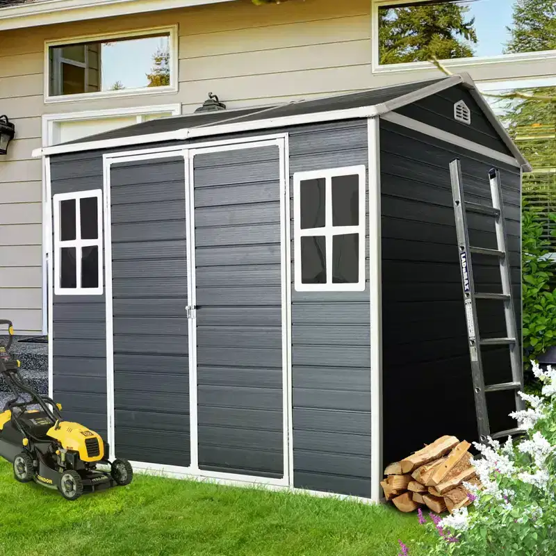 8 x 6 ft Resin Outdoor Storage Shed Waterproof Shed with Floor & Two Windows & Lockable Door, Tool Shed for Garden, Patio, Backyard,Gray