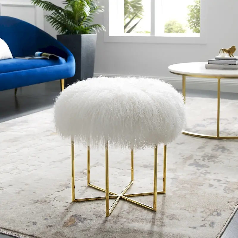 Round Sheepskin Ottoman with Stainless Steel Base