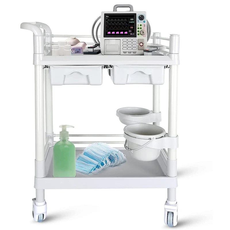 White Brushed 2-Tier Rolling Medical Cart with Drawers – Single User