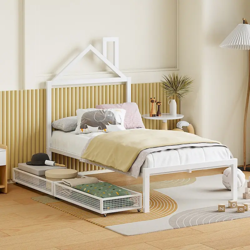 Black / Pink / White Twin Metal Platform Bed with 2 Storage Drawers, House-Shaped Headboard, Single