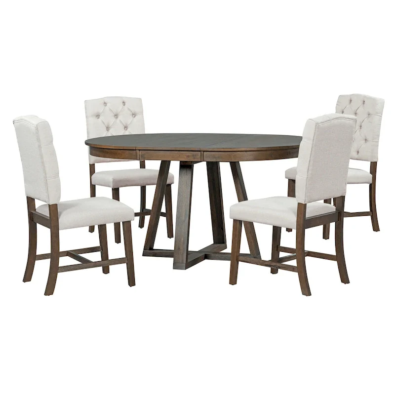 Walnut 5-Piece Wooden Dining Table Set with Expandable Round Table & 4 Chairs