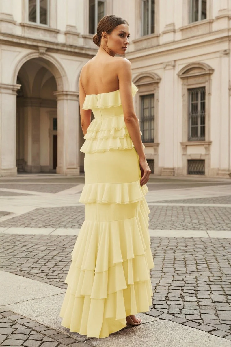 Pink Strapless Sheath Chiffon Ruffled Long Prom Dresses