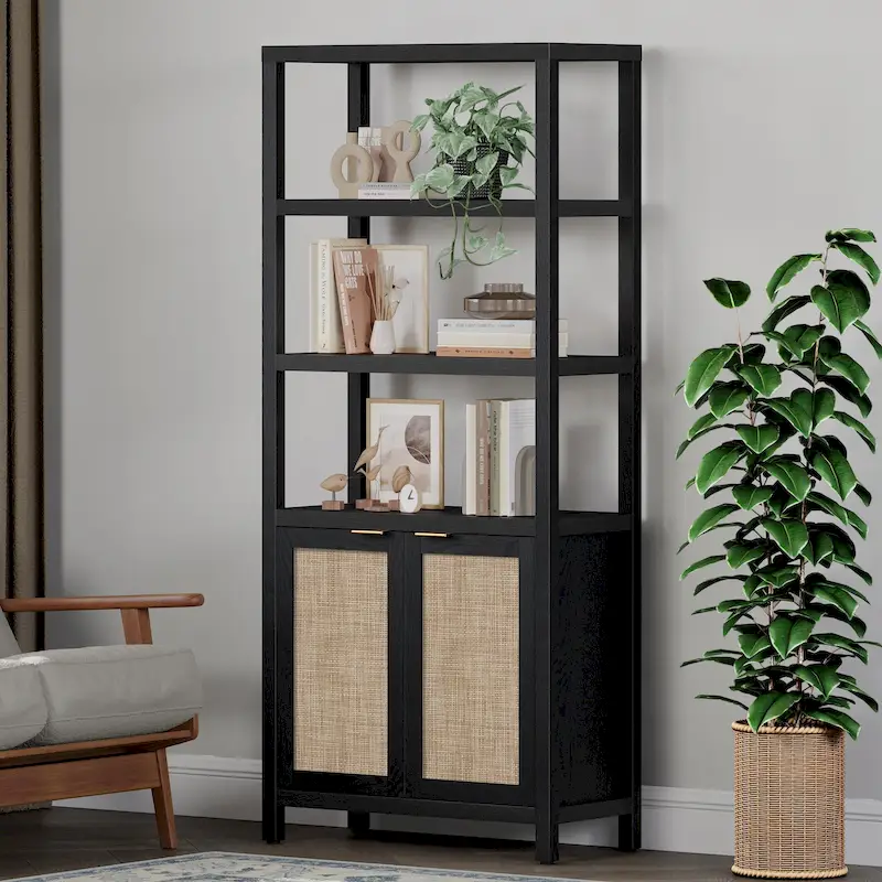 5 Tier Adjustable Bookshelf with Rattan Storage Cabinet