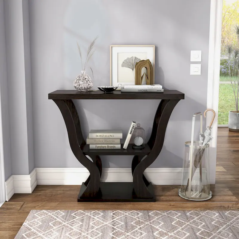 Espresso Particle Board Console Table with Open Shelf & Tapered Profile – Transitional Style