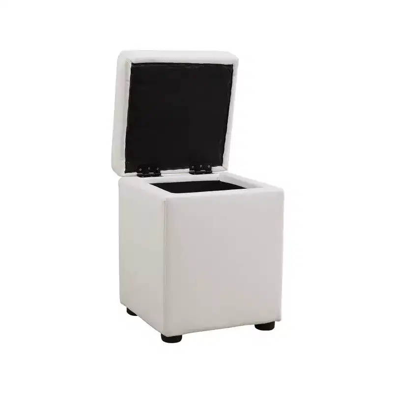 Hyleory Square White Storage Ottoman with Faux Leather Upholstery