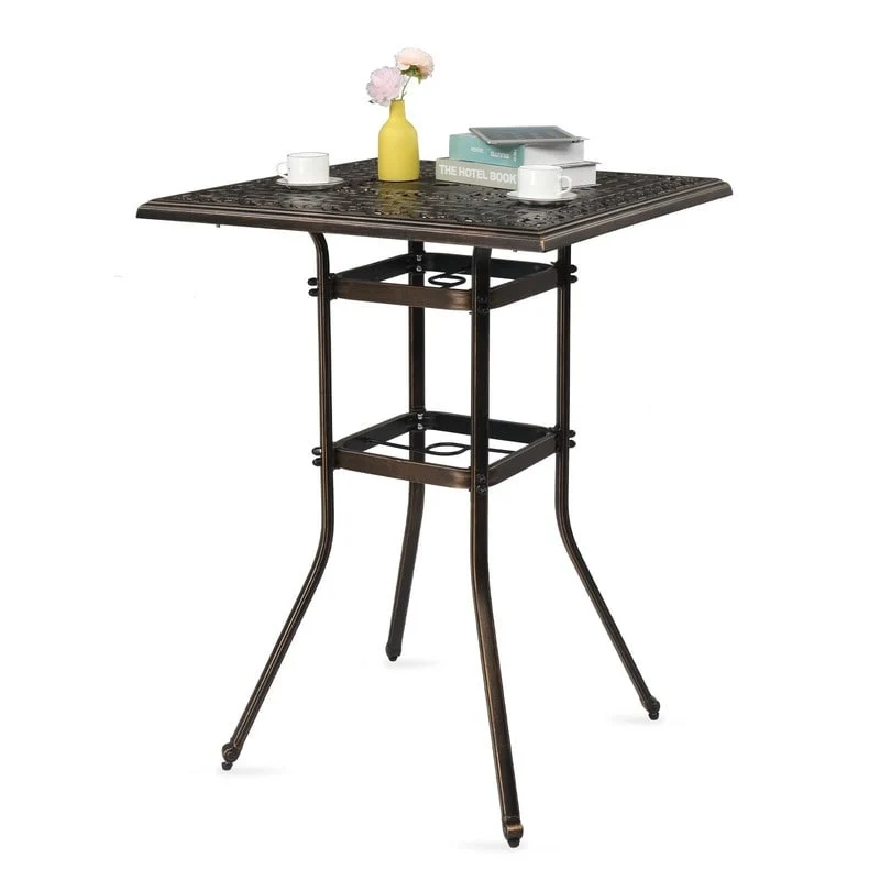 Patio Bar Height Table Cast Aluminium Square Bar Bistro Table with Umbrella Hole - N/A