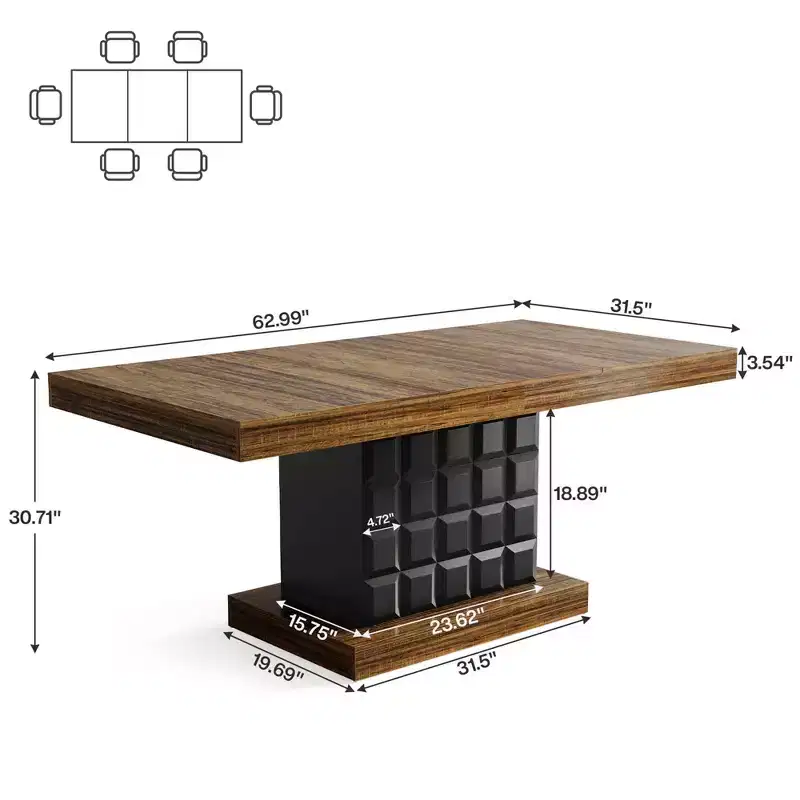 MAYEERTY 63 Modern Geometric Dining Table, Brown MDF Top Cubed Black Base Kitchen Table