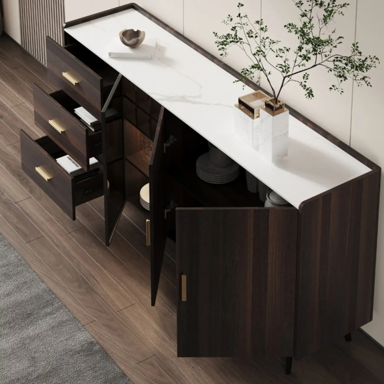 Glam Walnut Wooden Sideboard with Drawers & Cabinets