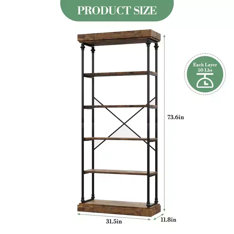 Industrial Bookshelf Wood Bookcase 6 Tier Storage Open Rack Shelf with Metal Frame Rustic Tall Standing Bookshelves Large Display Rack for Bedroom