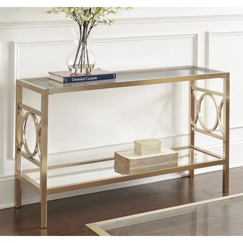 Gold Modern Console Table with Glass Top and Mirrored Shelf