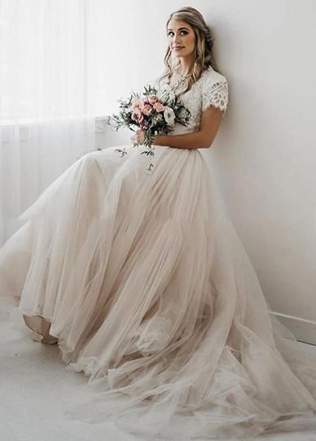 Light Champagne Tulle Lace A-Line Short Sleeves  Bohemian Women Wedding Dresses