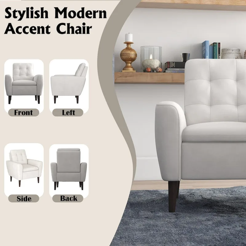 Button Tufted Fabric Accent Chair Armchair with Solid Sagwan Wooden Frame