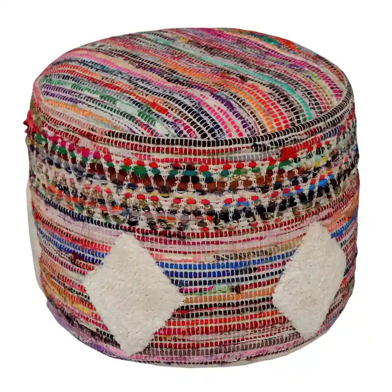 18 Inch Rainbow Cylinder Pouf Ottoman Geometric Design for Living Room