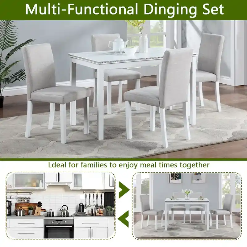Wooden Dining Table with Rectangular Top and 4 Upholstered Chairs