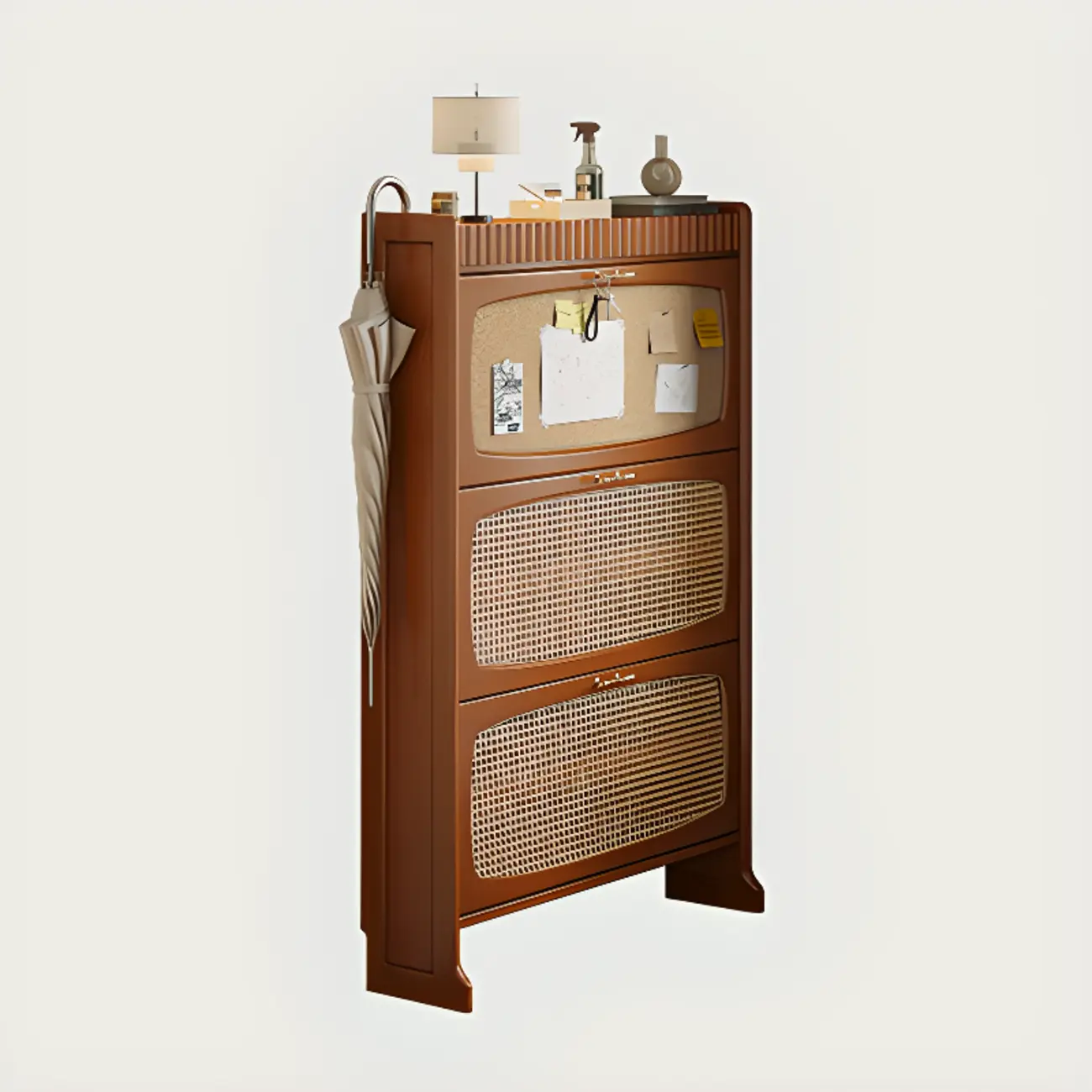 Entryway 3-Tier Drop-Front Rattan Solid Wood Shoe Cabinet