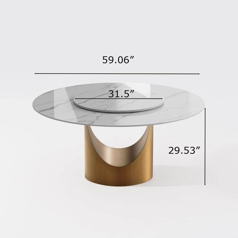 Modern Round Dining Table – White Sintered Stone Top & Bronze Carbon Pedestal
