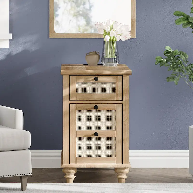 Farmhouse End Table with Charging Station, Wood Sofa Side Table
