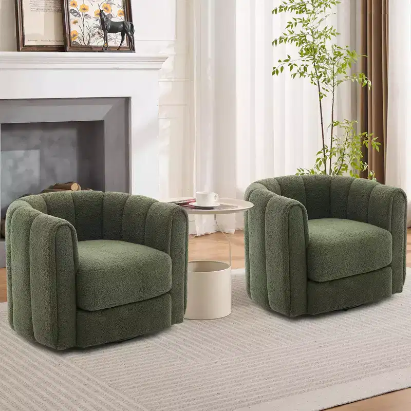 Modern 360 Swivel Barrel Accent Chair Set of 2  Soft-like Stuffed Fabric Upholstered  Green
