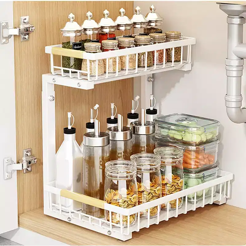 Under Sink Organizer 2-Tier Pull Out Cabinet Storage with Smooth Slides - Rust-Resistant Carbon Steel ,Height Adjustable for Kitchen, Bathroom