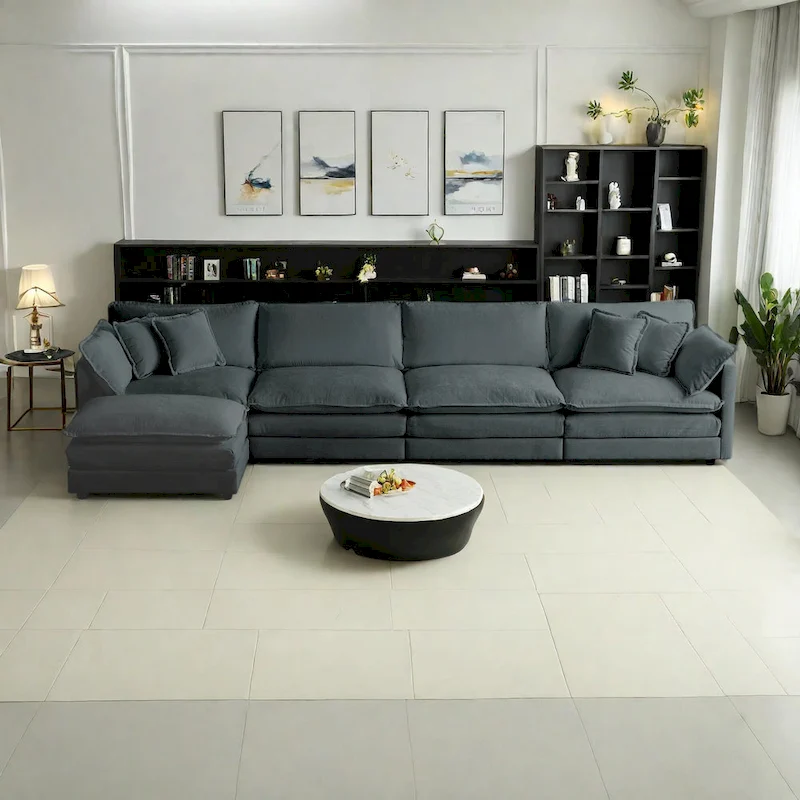 5-Piece Modular Chenille Upholstered L-Shaped Sectional Sofa with Ottoman