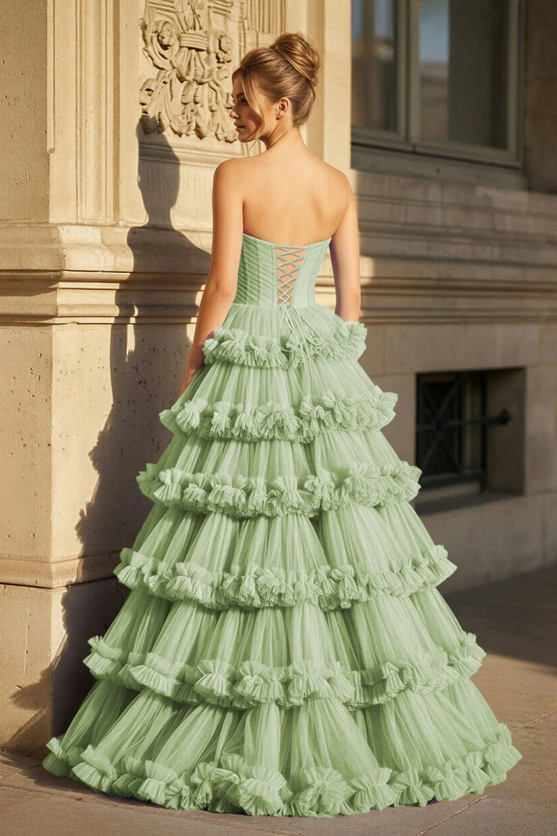 Navy Blue Strapless A Line Tulle Ruffled Long Prom Dresses With Slit