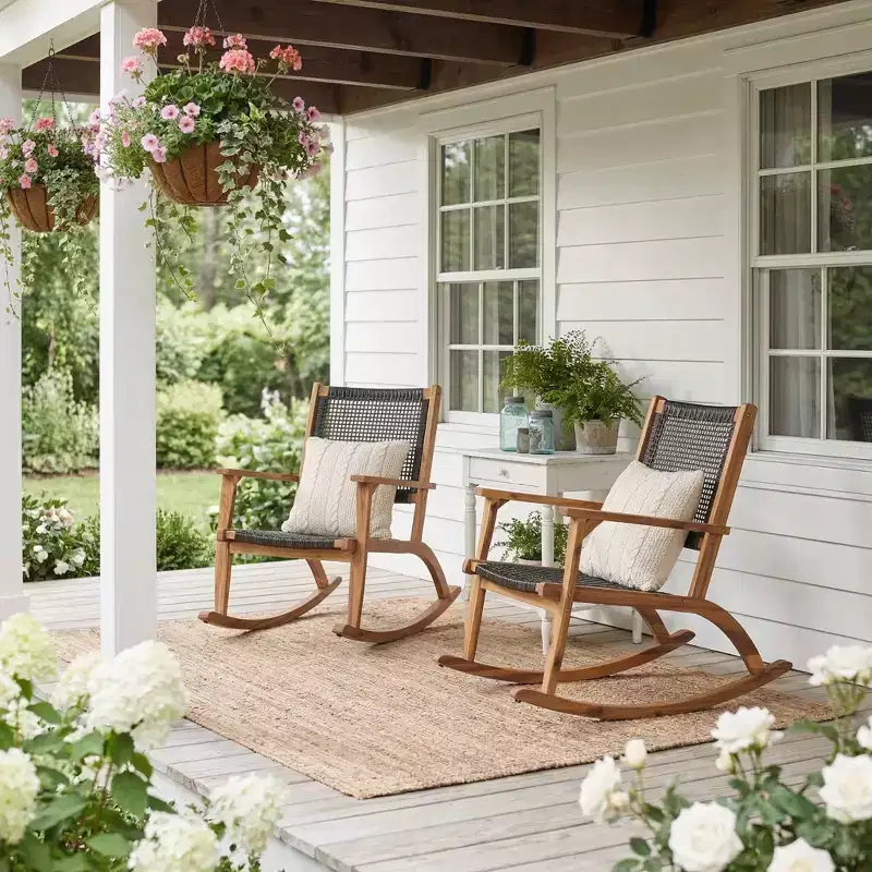 Whisen 2 Pieces Patio Rocking Chair Set, Acacia Wood Outdoor Rockers with Wicker Rattan Seat & Backrest
