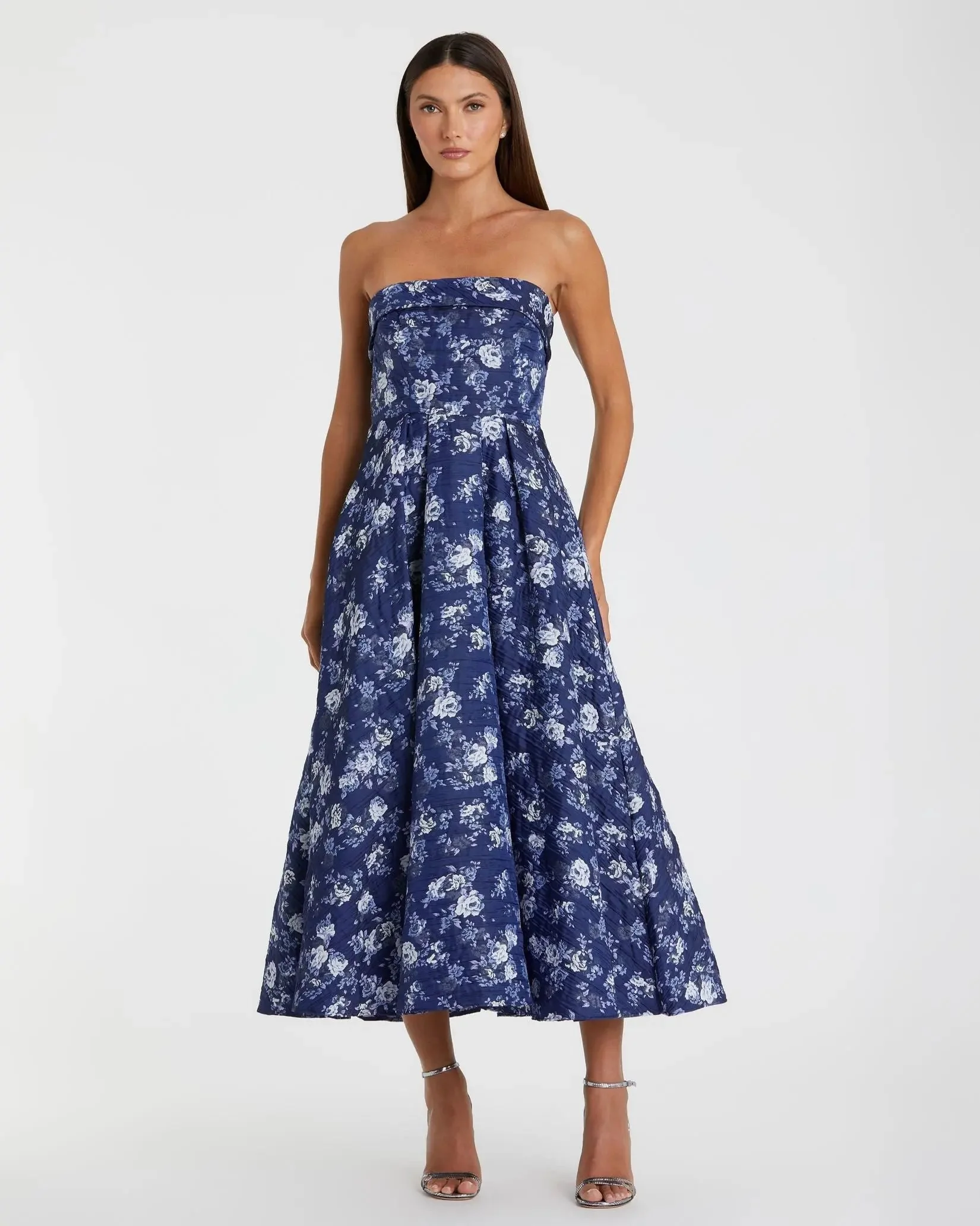 Blue Strapless Brocade Midi Dress