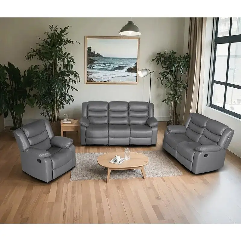 Faux Leather Manual Reclining Living Room Sofa with Dropdown Table and Console