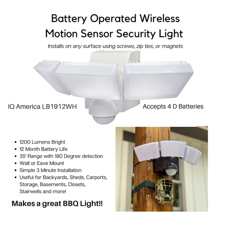 IQ America 1200 Lumen Battery Operated LED Motion Security Flood Light Wall Eave Mount