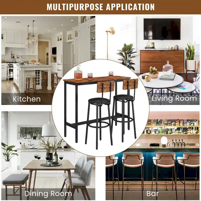 3-Piece Bistro Set, Dining Table and Upholstered Stools w/ Backrest