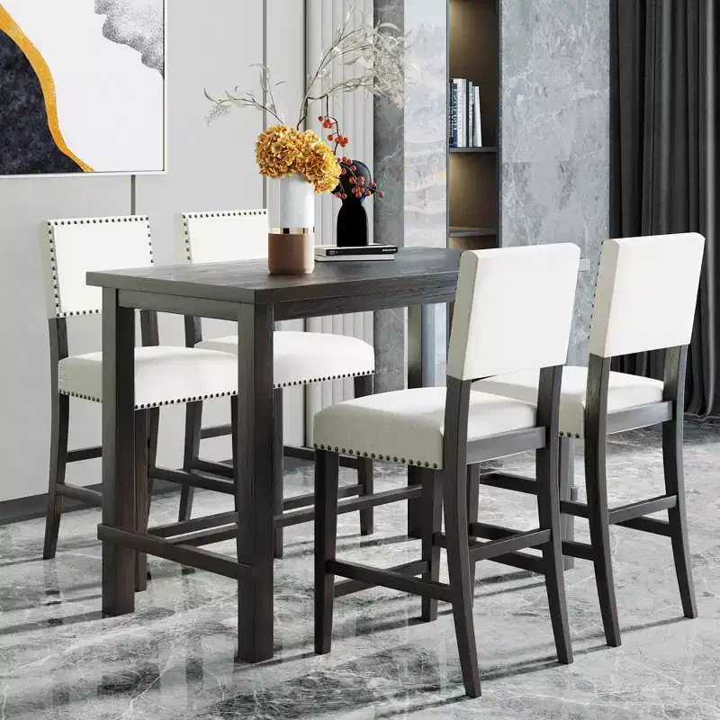 5 Piece Dining Table Set Counter Height Dining Set with Classic Elegant Rectangel Table and 4 Padded Chairs for Kitchen Dining Room