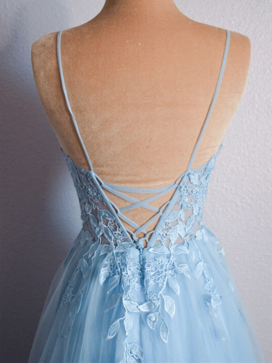 Light Blue V Neck Lace-Up Appliques Tulle Long Prom Dress