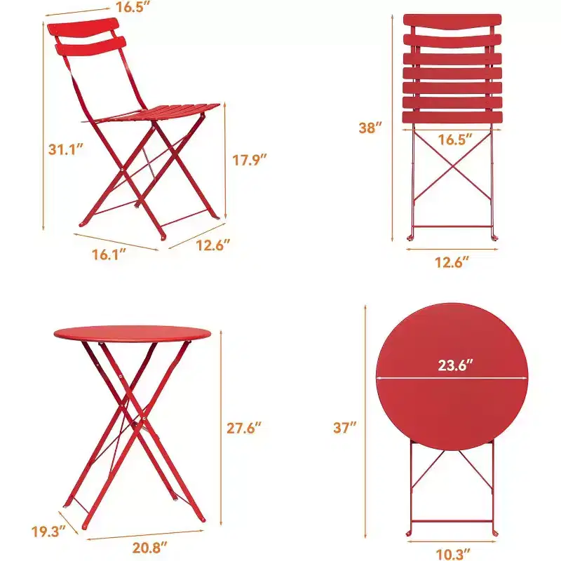 GustoWave 3-Piece Foldable Metal Bistro Set With Round Table, 2 Chairs