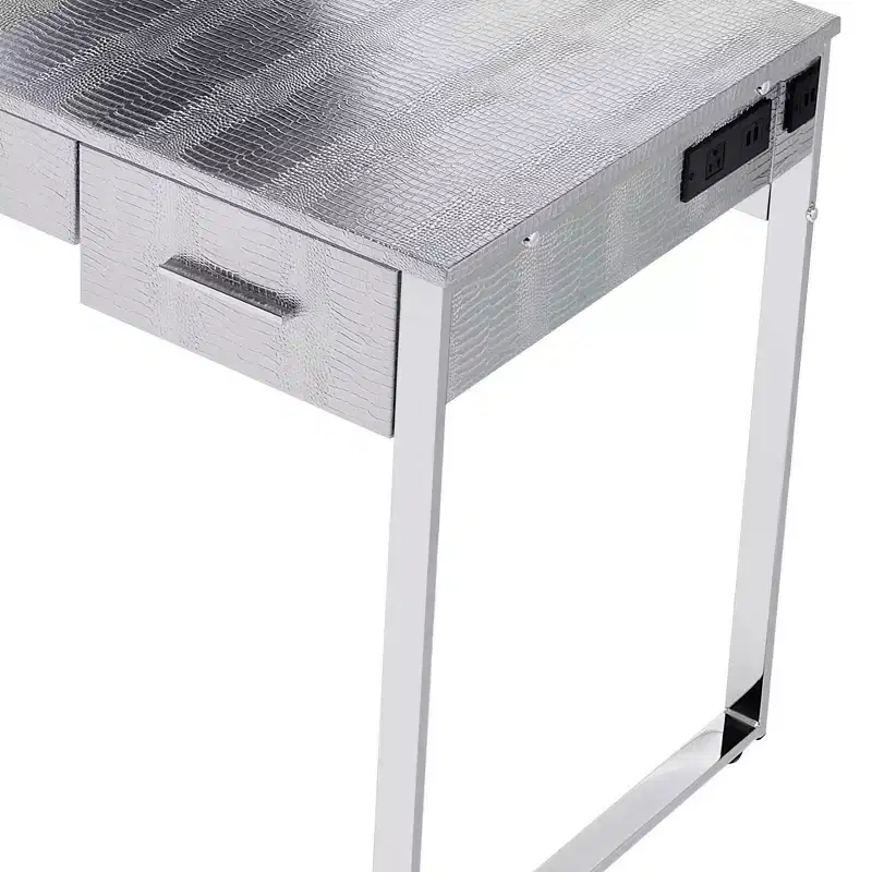 50" Myles Vanity Table Antique White, Chrome Finish - Acme Furniture: Built-in Outlet, USB, Storage