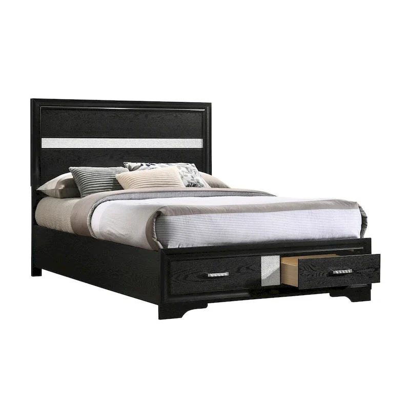 Full Size Panel Bed with 2 Storage Drawers, Acrylic Glitter, Black
