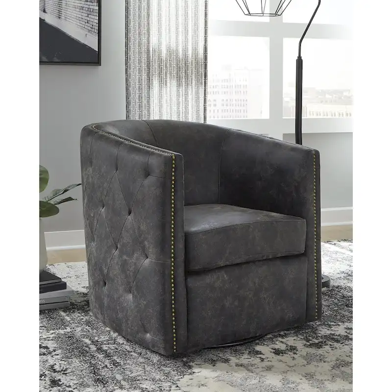Black Faux Leather Swivel Accent Chair, Barrel Back, Single Seat
