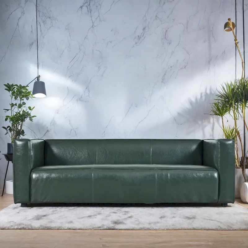 Green Contemporary Tuxedo PU Sofa with Birch Wood Block Legs - Fits 3 People
