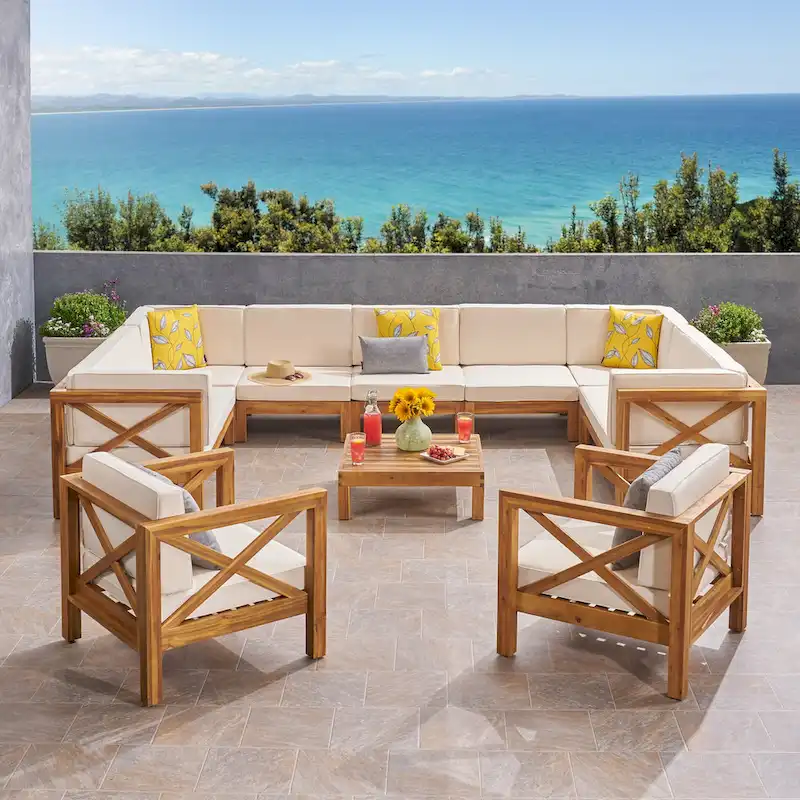 Brava Outdoor 11 Seater Acacia Wood Sectional Sofa and Club Chair Set by Christopher Knight Home
