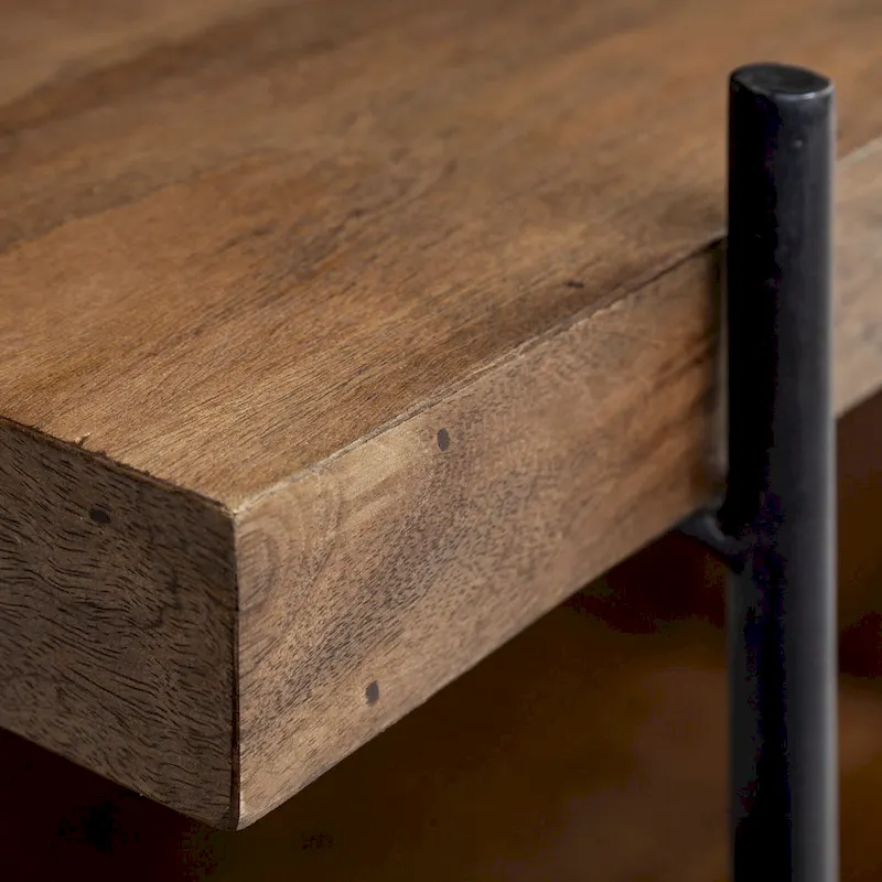 Maddox Medium Brown Solid Wood w/ Black Metal Frame C-Shaped End/Side Table