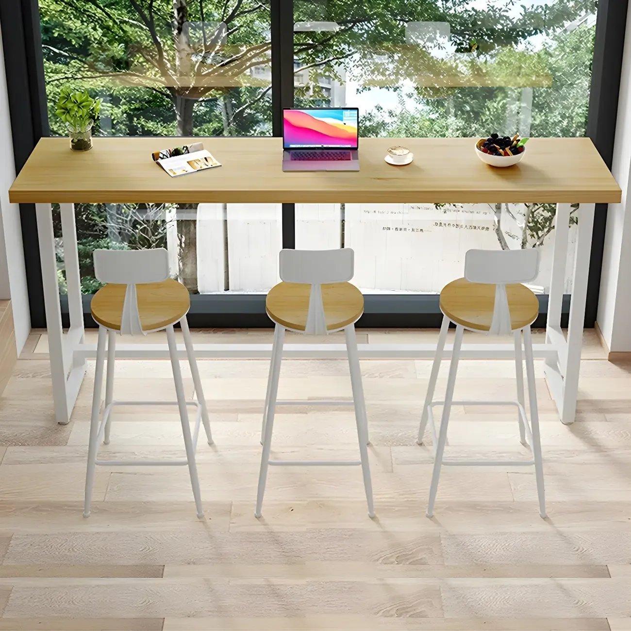 Modern Rustic Pine Wood Top Iron Base Bar Table