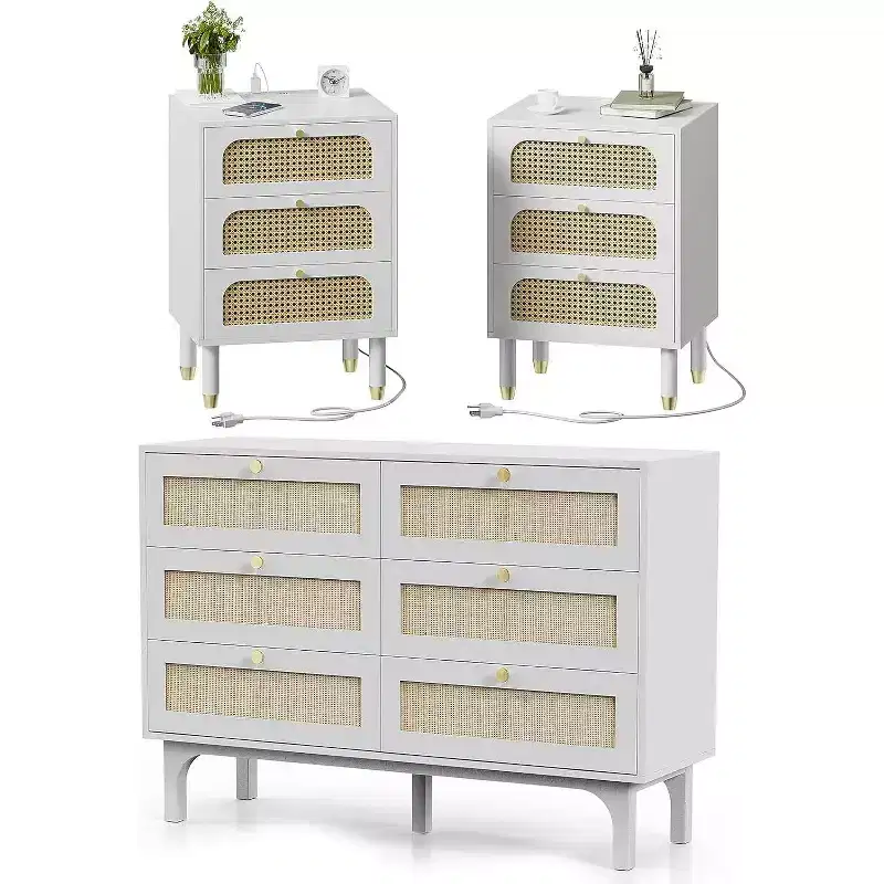 VINGLI Rattan Dresser and Nightstands Sets 3 Piece, White Nightstands with Charging Station Set of 2, 6 Drawer Double Dresser
