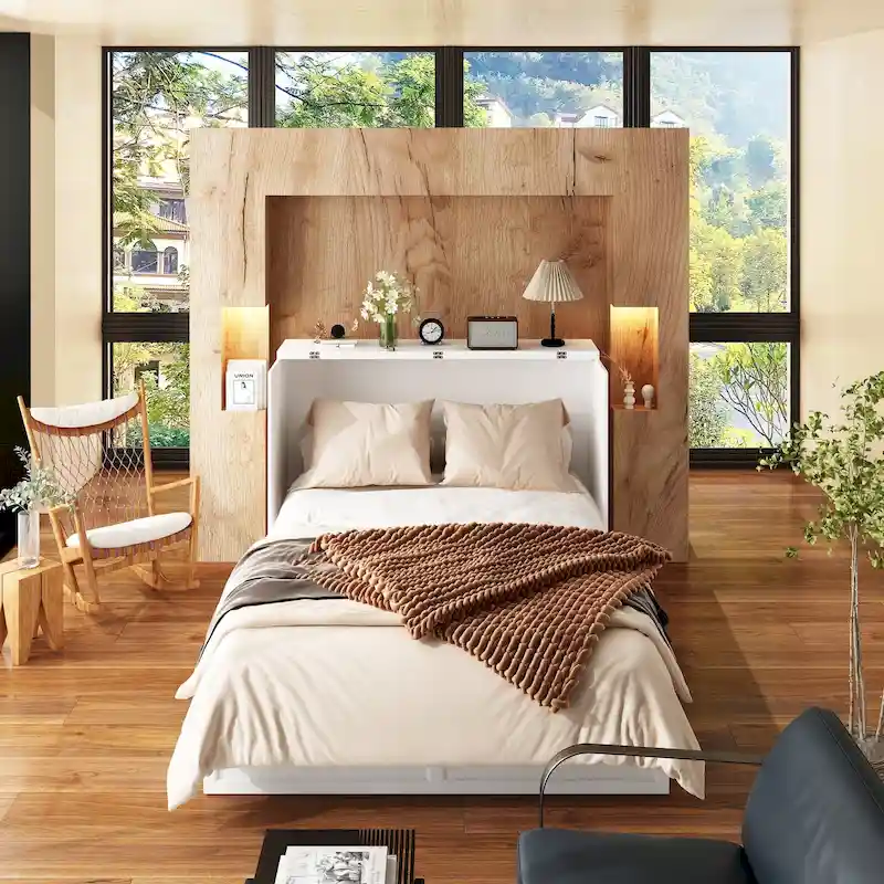 Murphy-Style Bed Cabinet with 2 Drawers – White, Converts to Full-Size Bed, 2 Sizes