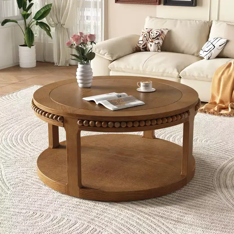 31.5 Inch Round Solid Wood Coffee Table and Sofa Table - Two-Tier Thickened Top, Sturdy Legs, Circle Table for Living Room