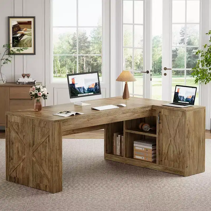 Lantine 70.87 L-Shaped Executive Desk, Large Office Computer Table with File Cabinet