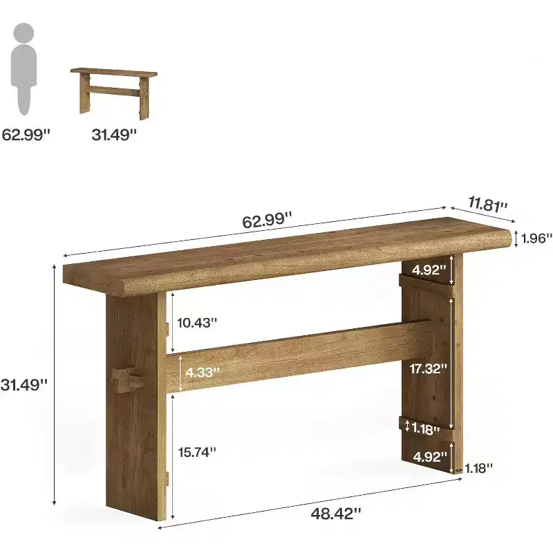 Lantine Solid Wood Console Table for Entryway, 63-Inch Long Farmhouse Sofa Table Behind Couch, for Foyer, Hallway, Living Room,Brown