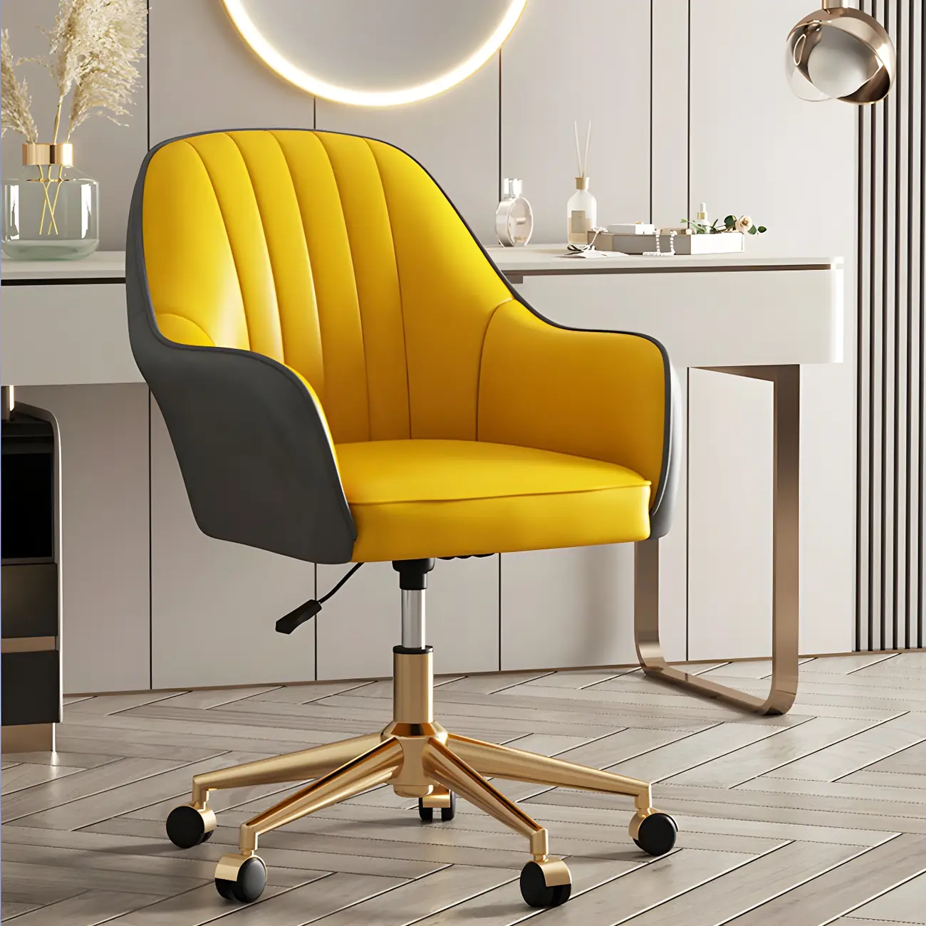 Modern Yellow Leather Swivel Office Chair