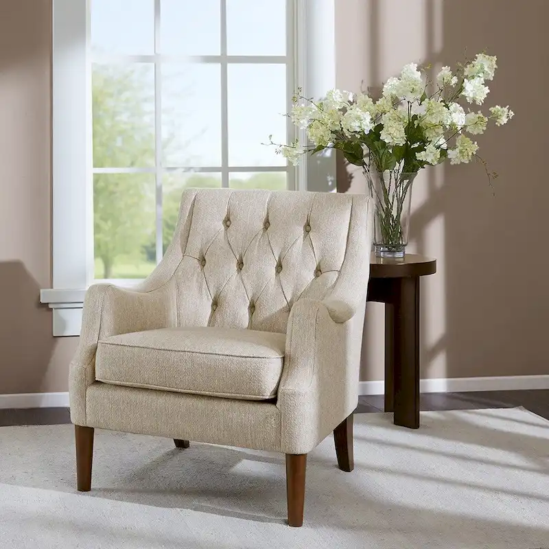 Accent Chair, Button Tufted Back, Removable Seat Cushion, Solid Wood Espresso Legs, Polyester, Beige / Teal / Grey, 1-Person Use