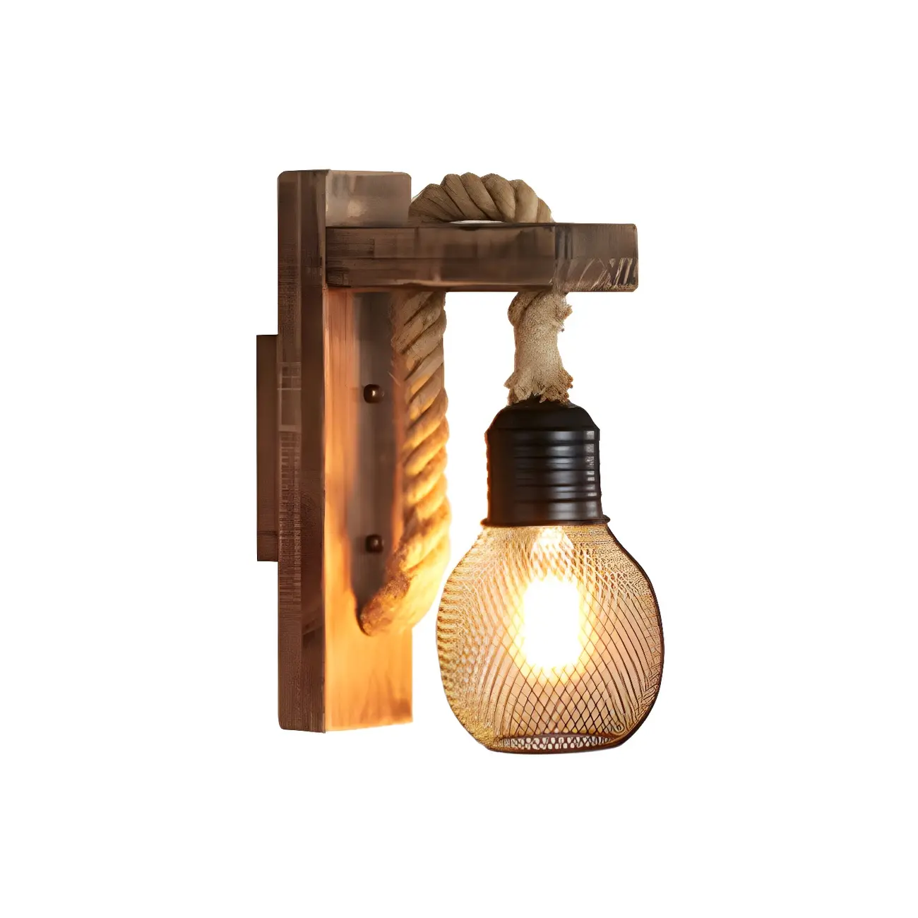 Vintage Rustic Rope Wall Sconce with Iron Grid Shade
