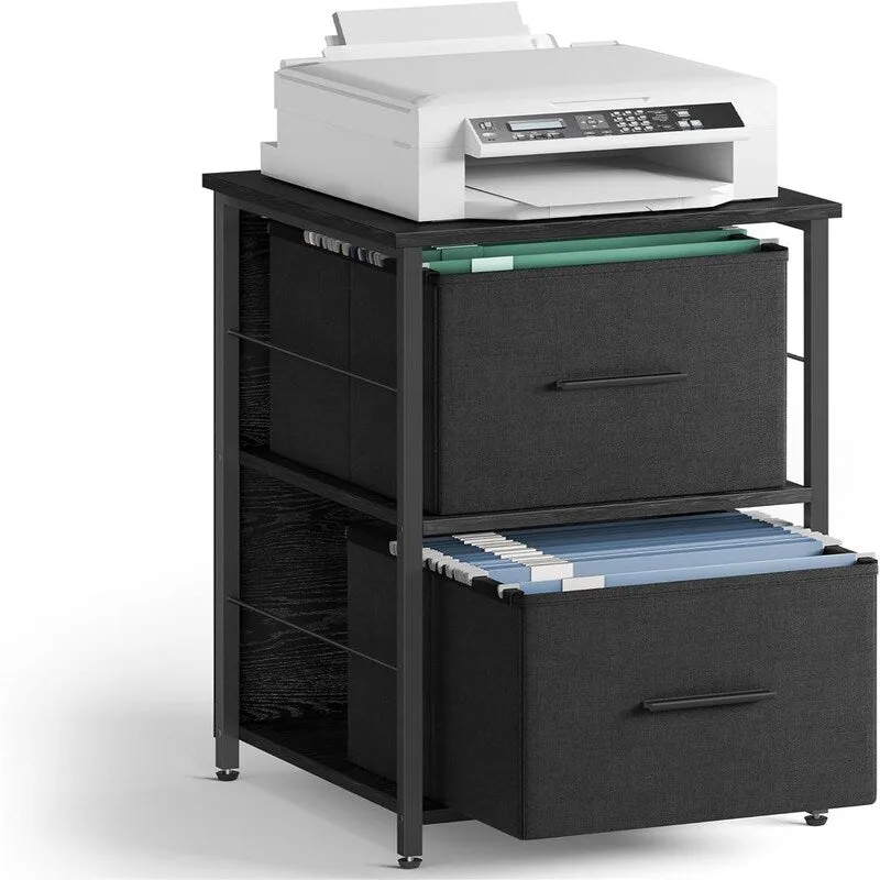 Ebony Black / Ink Black Rolling File Cabinet with Fabric Drawers and Printer Stand