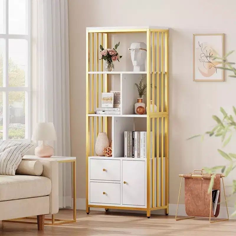 Garvee Bookshelf Modern Bookcase with Drawers Gold Storage Rack Shelf Tall Standing Bookshelves for Bedroom, Living Room, Home Office, Gold